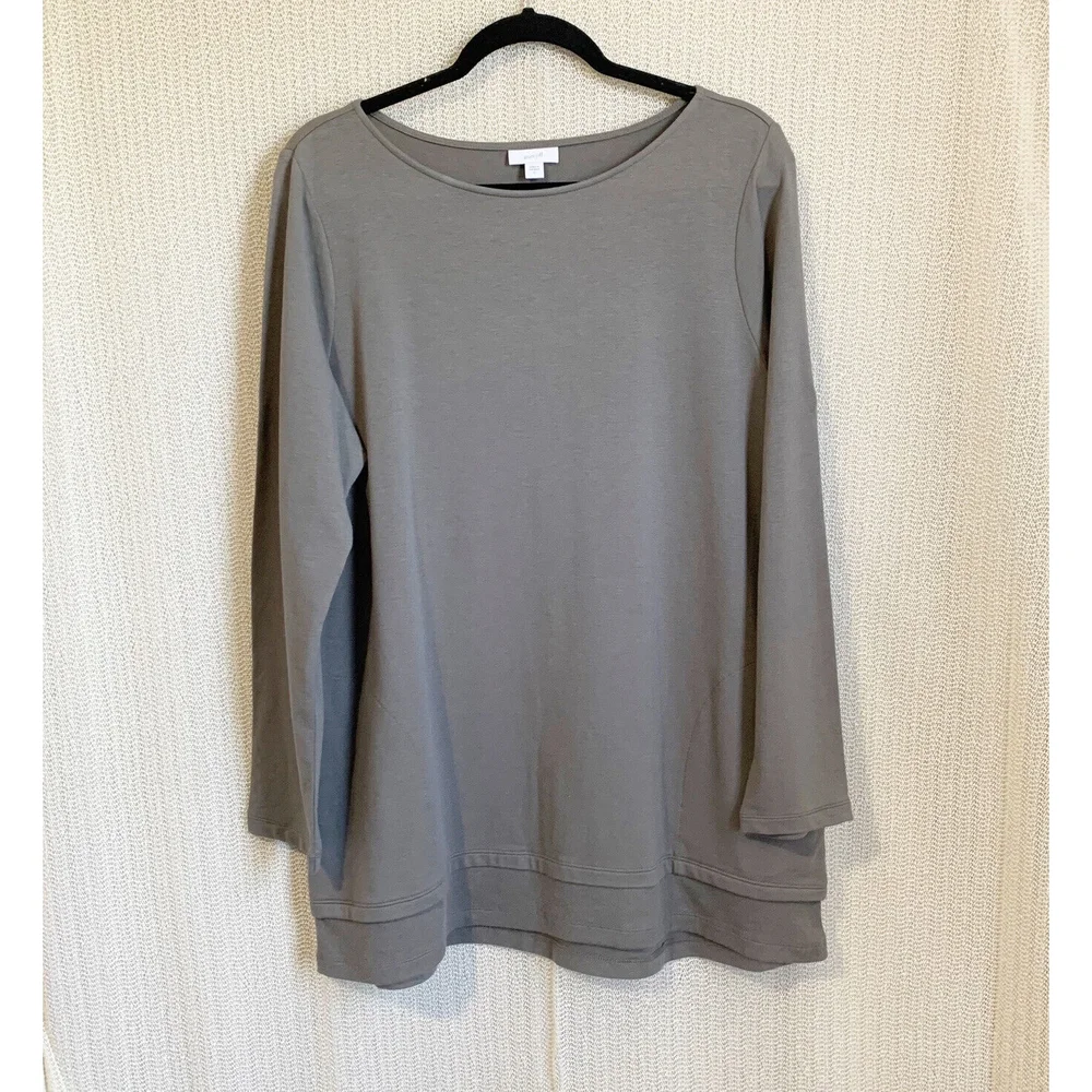J.Jill Pure Jill Knit Pocket Tunic Top Large Gray Green Long Sleeve Pima Modal